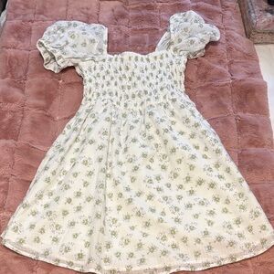 Celebrity Pink White Dress with Light Green Floral Print